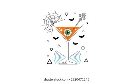 Halloween martini with a floating eyeball, spiderweb, bats and sound wave accents on a crisp white background.