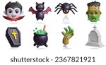 Halloween mascot 3D vector icon set.
Vampire,bat,spider,frankenStein,vampire coffin,magic cauldron,Zombie hand,gravestone