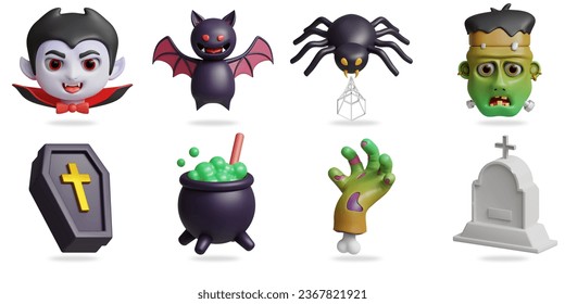 Juego de iconos vectoriales 3D de mascota de Halloween.
Vampiro, murciélago, araña, frankenStein, ataúd vampiro, caldero mágico, mano zombie, lápida