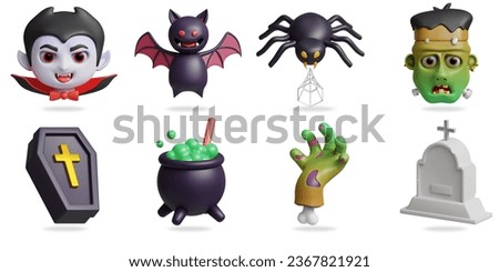 Halloween mascot 3D vector icon set.
Vampire,bat,spider,frankenStein,vampire coffin,magic cauldron,Zombie hand,gravestone