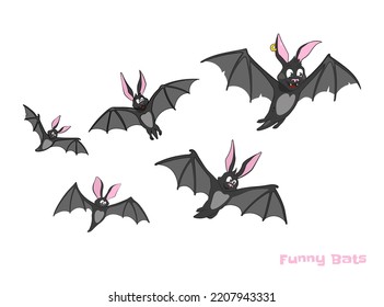 Halloween mascot. Isolated cartoon bats. Funny dracula monsters. Cute night vampires. Comic clipart. Vector illustration