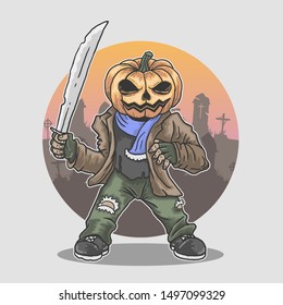 halloween mascot killer with machete illustration vector