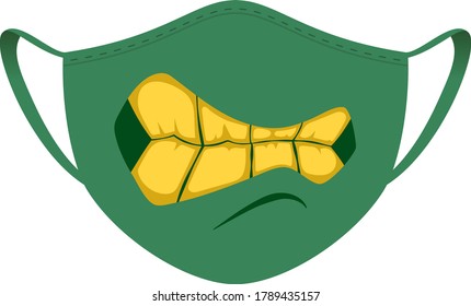 Halloween mask - covid-19 medical mask with funny design - green monster mouth and teeth. Holiday costume vector illustration.