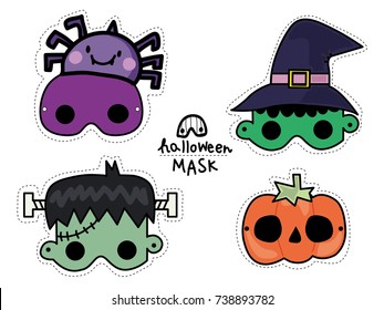 Halloween Mask Kids Costume Party,Trick Or Treat,characters And Icons For Halloween In Cartoon Style.