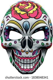 Halloween mask representing a traditional mexican skull with colorful floral pattern.