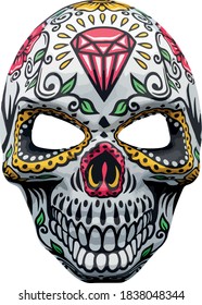 Halloween mask representing a traditional mexican skull with colorful floral pattern.