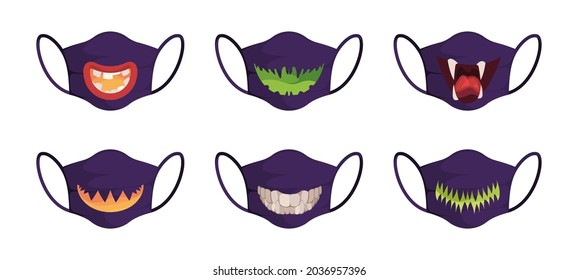 Halloween mask. Scary faces with pumpkin teeth orange night traditional celebration devil smile garish vector protection mask