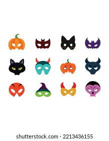 Halloween mask set in flat style. Halloween mask set isolated on white background. Perfect for coloring book, textiles, icon, web, painting, books, t-shirt print. 