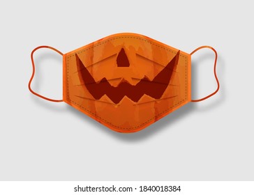Halloween mask. Surgical mask for coronavirus protection with funny design pumpkin with nose and smile. Holiday costume vector illustration isolated on white background 
