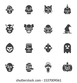 Halloween mask vector icons set, modern solid symbol collection, filled style pictogram pack. Signs, logo illustration. Set includes icons as monster, skull, pirate cat, crazy clown, dracula devil
