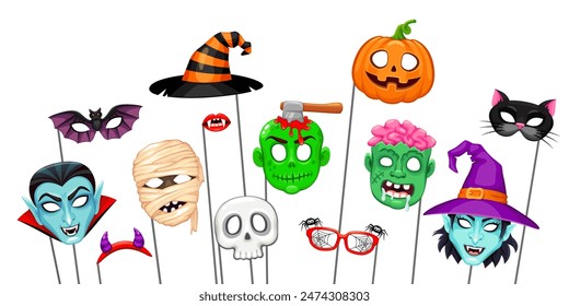 Halloween masks with props for photo booth. Isolated vector set cartoon witch hat and face, vampire, mummy and pumpkin. Bat, devil horns, skull and monster lips. Zombie with axe in brain, and cat head