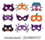 Halloween masks vector cartoon set, isolated on a white background. Fun and festive designs perfect for Halloween-themed projects and celebrations. Ideal for costume parties and spooky decorations.