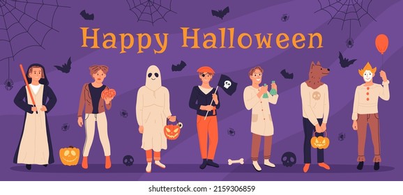 Halloween masquerade characters in zombie, ghost and mummy costumes. Spooky Halloween party celebration characters vector background illustration. Cartoon masquerade people poster