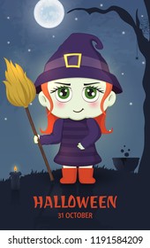 Halloween masquerade, cute children costumes. Baby witch. Invitation card for party and sale. Autumn holidays. Vector illustration EPS10.