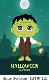 Halloween masquerade, cute children costumes.  Baby Frankenstein. Invitation card for party and sale. Autumn holidays. Vector illustration EPS10.