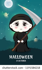 Halloween masquerade, cute children costumes. Baby Angel of Death. Invitation card for party and sale. Autumn holidays. Vector illustration EPS10.