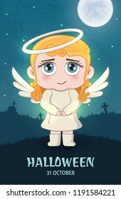 Halloween masquerade, cute children costumes. Baby angel. Invitation card for party and sale. Autumn holidays. Vector illustration EPS10.