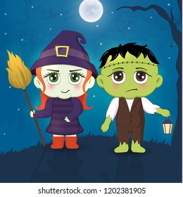 Halloween masquerade, cute children costumes. Funny characters. Invitation card for party and sale. Autumn holidays. Vector illustration EPS10.