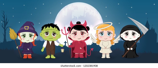 Halloween masquerade, cute children costumes. Funny characters. Invitation card for party and sale. Autumn holidays. Vector illustration EPS10.