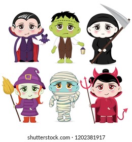 Halloween masquerade, cute children costumes. Funny characters. Invitation card for party and sale. Autumn holidays. Vector illustration EPS10.