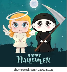 Halloween masquerade, cute children costumes. Funny characters. Invitation card for party and sale. Autumn holidays. Vector illustration EPS10.