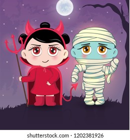 Halloween masquerade, cute children costumes. Funny characters. Invitation card for party and sale. Autumn holidays. Vector illustration EPS10.