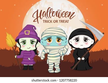 Halloween masquerade, cute children costumes. Funny characters. Invitation card for party and sale. Autumn holidays. Vector illustration EPS10.