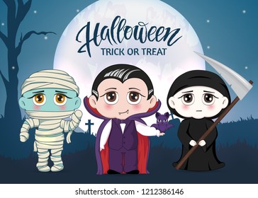 Halloween masquerade, cute children costumes. Funny characters. Invitation card for party and sale. Autumn holidays. Vector illustration EPS10.