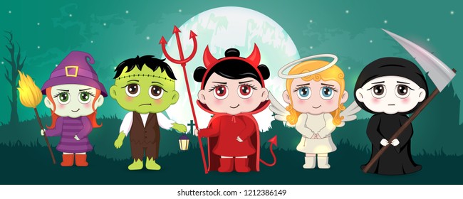 Desfile de máscaras de Halloween, trajes lindos para niños. Caracteres divertidos. Tarjeta de invitación para fiesta y venta. Vacaciones de otoño. Imagen del vector EPS10.