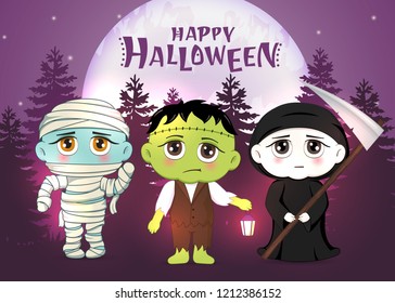 Halloween masquerade, cute children costumes. Funny characters. Invitation card for party and sale. Autumn holidays. Vector illustration EPS10.