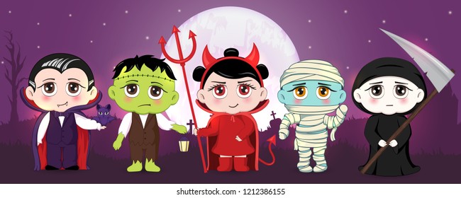 Halloween masquerade, cute children costumes. Funny characters. Invitation card for party and sale. Autumn holidays. Vector illustration EPS10.