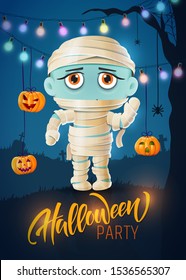 Halloween masquerade, cute children costumes. Funny character Mummy. Invitation card for party and sale. Autumn holidays. Vector illustration EPS10.