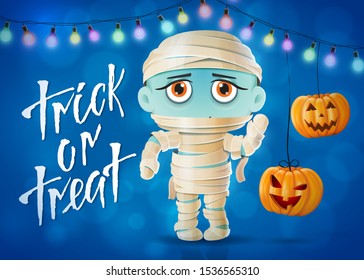 Halloween masquerade, cute children costumes. Funny character Mummy. Invitation card for party and sale. Autumn holidays. Vector illustration EPS10.