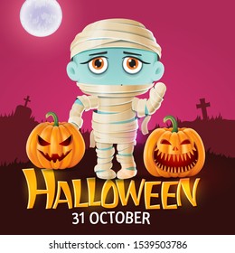 Halloween masquerade, cute children costumes. Funny character Mummy. Invitation card for party and sale. Autumn holidays. Vector illustration EPS10.