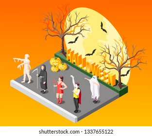 Halloween masquerade isometric composition with people in scary costumes on orange background with bats and bare trees 3d vector illustration