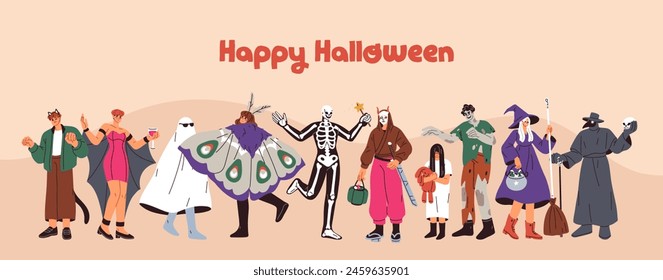 Halloween masquerade party banner. October holiday background, people in creepy spooky festive carnival costumes. Helloween celebration night with disguised characters. Flat vector illustration