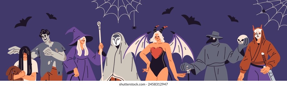 Halloween masquerade party, people in spooky costumes. Creepy holiday celebration, horizontal banner. Helloween characters disguised as witch, zombie for night carnival. Flat vector illustration