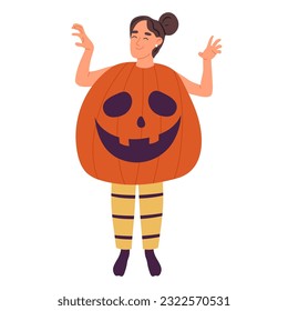 Halloween masquerade pumpkin costume. Woman wearing funny pumpkin carnival costume. Halloween holiday party celebration flat vector illustration