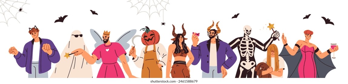 Halloween masquerade, spooky holiday party banner, border design. Happy people in skeleton, ghost costumes. Creepy characters celebrating October 31, trick or treat night. Flat vector illustration