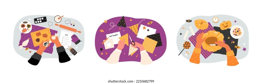 Halloween master class advertisement with hands top view during activity, cookies bakery, pumpkin carving, bunting crafting. Holiday creative occupation concept. Vector illustrations set. 