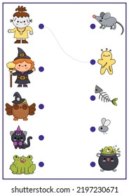 Halloween matching activity with cute kawaii witch, owl, cat, monster. Autumn holiday puzzle with cauldron, mouse, frog. Match the objects game. All saints day match up printable page
