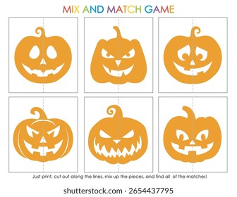 Jogo de correspondência de Halloween. Quebra-cabeças de abóbora misturam-se e combinam. Jack o lanterna jogo educacional para pré-escola e jardim de infância