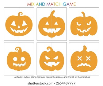 Jogo de correspondência de Halloween. Quebra-cabeças de abóbora misturam-se e combinam. Jack o lanterna jogo educacional para pré-escola e jardim de infância