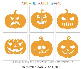 Jogo de correspondência de Halloween. Quebra-cabeças de abóbora misturam-se e combinam. Jack o lanterna jogo educacional para pré-escola e jardim de infância