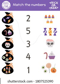 Halloween matching game with trick or treat sweets and sack. Autumn math activity for preschool children. Educational printable counting worksheet with cute funny elements for kids
