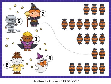 Halloween matching game with trick or treat sweets and cute kawaii kids. Autumn math activity for preschool children. Educational printable counting worksheet with cute cartoon characters
