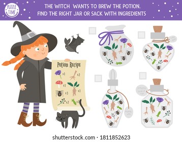 Halloween matching game with witch and potion ingredients. Autumn math activity for preschool children. Educational printable counting worksheet with cute funny elements for kids
