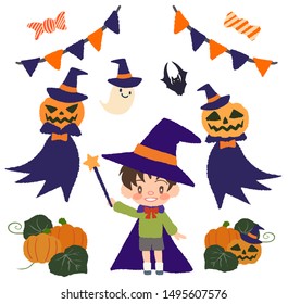 Halloween material set, magician child and pumpkin head
