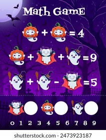 Halloween math game with cute kawaii ghosts on the night cemetery. Vector mathematics riddle worksheet for children education and learning arithmetic. Development of calculation skills, puzzle task