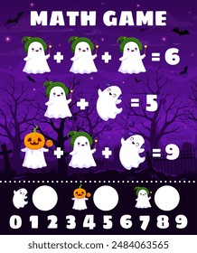 Halloween math game with cute kawaii ghost characters on cemetery, vector worksheet. Kids mathematical quiz and education puzzle or math game for counting and calculation of Halloween boo ghosts